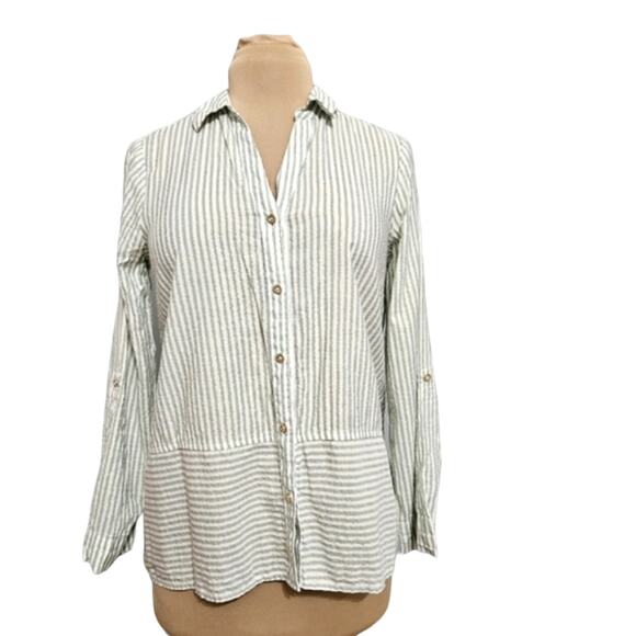 Jones New York Tops - Jones New York Signature Top Green White Gold Metallic Striped Button Front S